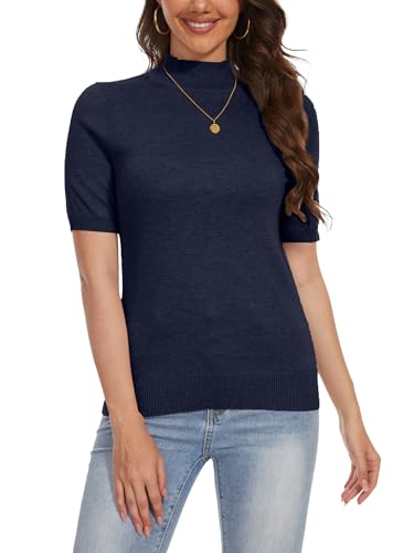 Women's Short Sleeve Sweater Dressy Shirt Mock Neck Turtleneck Pullover Tops Knit Tee Navy Blue XL