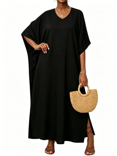 JILUVIN Kaftan Dresses for Women Plus Size V Neck Caftan Batwing Sleeve Long Swimsuit Cover Up Beach Swimwear 2026 (Solid Black One Size)