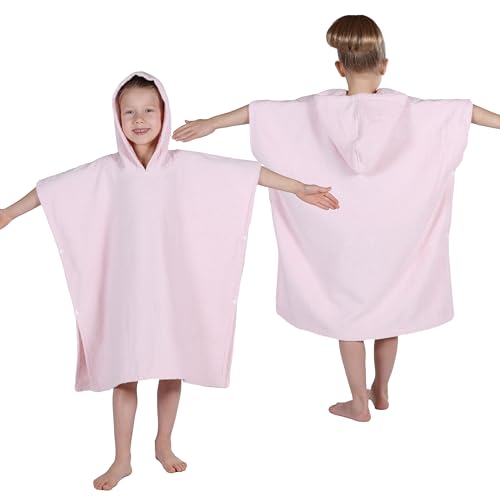 Image of Superior Kids Cotton Terry Poncho, Soft, Absorbent Bath Towel with Hood, Bathroom Accessories, Long, Plush Bathrobes for Bath, Shower, Spa, Resort, Beach, Pool, Boy, Girl, Small /Medium Size, Pink