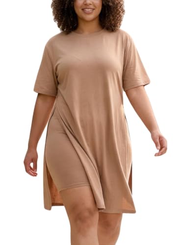 Image of AXOSY Women Plus Size 2 Piece Outfits Short Sleeve Tunic Tops and Skinny Biker Shorts Sets Tracksuits