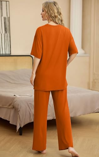 Image of PrinStory Womens Pajamas Sets 2 Piece Lounge Set Short Sleeve Tops and Long Pants Soft Pjs Loungewear with Pockets