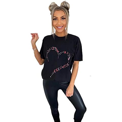 Women's Short Sleeve Slogan Oversized Heart Butterfly Printed Casual Summer Baggy Fashion Ladies T-Shirt Tee Plus Size Top (Black, L/XL (UK 16-18)) Cover