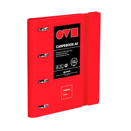 Grafoplas - Raccoglitore a 4 anelli, formato A4, Carpebook Polyfoam, resistente e ultra leggera, con rilegatura Minimal Rosso, con ricambio, separatori e busta, perfetto per organizzare materie