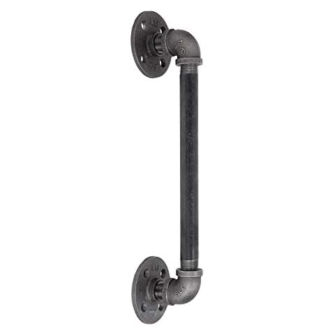 Rustic Industrial Pipe Décor Barn Door Handle, 10 inch - Authentic Industrial Steel Grey Iron Fittings, Flanges and Pipes for Custom Vintage Hanging Doors, DIY Kit with Hardware Cover