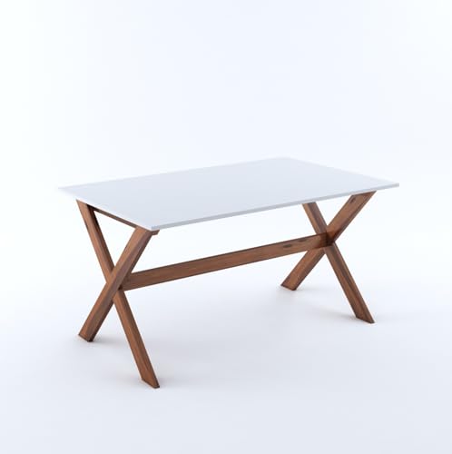 Image of MURALICRAFT Sheesham Wood 57 inch Dining Table 6 Seater | Marble Finish Six Seater Dinning Table Set with 6 Upholstered Dining Chairs | Table Top: Premium HDMR Wood | Chair: Round Edge | White & Honey