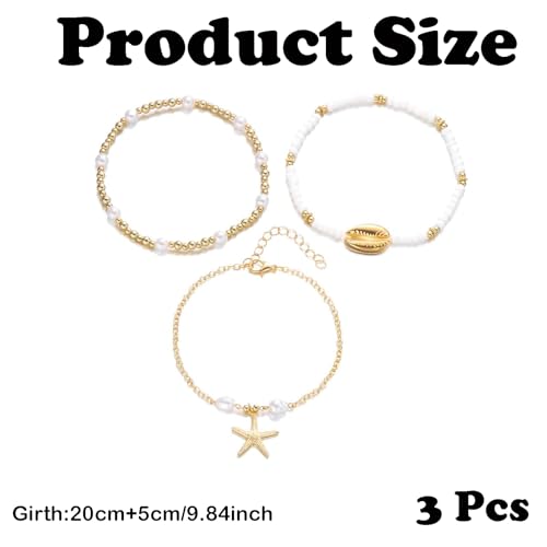 Image of Anklets for Women Fancy, Stylish Payal for Woman, Layered Shell and Starfish Pearl Beaded Anklet Set, Adjustable Beach Jewellery for Girls, Boho Accessories for Summer Festivals