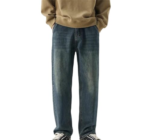 Mens Korean High Street Distressed Vintage Wash Denim Pants Loose Fit Straight Casual Trousers