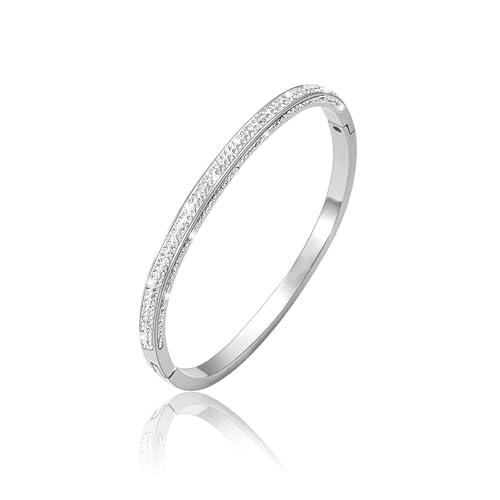 JJDreams Bracelet en Acier au Titane Argent Bracelet à triple face en strass 4MM Bracelet Jonc Fin pour Femme Fille