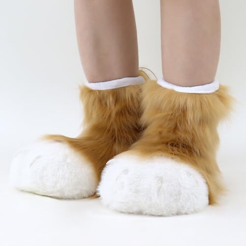 Image of Animal Fuzzy Slippers Bear Cat Wolf Dog Fox Fursuit Feet Paw Claw Shoes Furry Boots Costume Accessories for Adult Kids