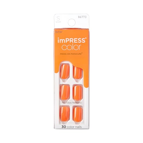 Impress Color Press On Nails Sweet Mango Solid Orange Short Squoval PureFit Technology Patented Super Hold Adhesive Chip Proof Smudge Proof Mini Nail File Manicure Stick & 30 Fake Nails