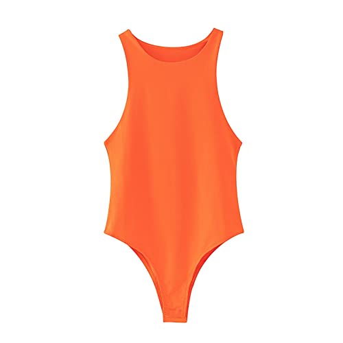 Altsuceser Body sexy sans manches à col rond pour femme, couleur unie, coupe ajustée, orange foncé, taille S Cover