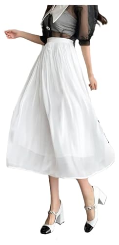 Women's Solid Satin A Line Midi Skirt with Elastic Waist Summer Casual Loose Fit Pleated Skirt