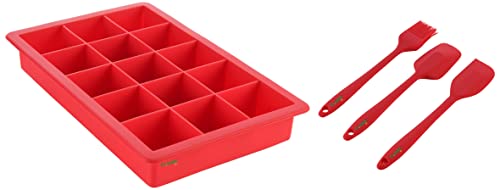 Image of Clazkit Premium Silicone Non-Stick Spatula and Brush with Scraper for Cooking, Baking and Mixing with Stainless Steel Core, 3-Pieces,Red,Length 21cm & Silicone Ice Tray, Multicolor
