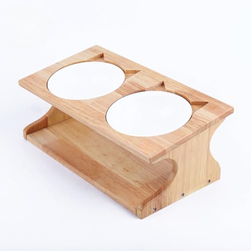 「NexPon」猫 えさ皿 猫食器 ペット食器スタンド 食器台 フードボウル セラミック、ベベルネックガード、無垢材、ごはん皿 斜め 食べやすい 負担軽減 取り外し可能 自然木製 犬 猫 兼用 (1,暗い)