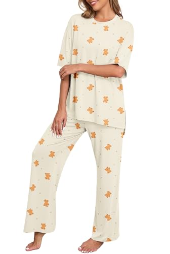 Image of PrinStory Womens Pajamas Sets 2 Piece Lounge Set Short Sleeve Tops and Long Pants Soft Pjs Loungewear with Pockets