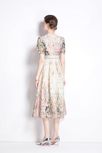 Image of LAI MENG FIVE CATS Women's Lace Floral Short Sleeve Crochet Waist Cocktail Midi Dress