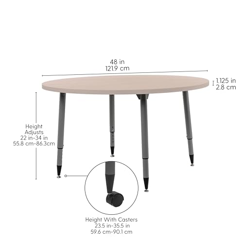 Image of Adapte Commercial Classroom Activity Table - 48 inch Round Woodgrain, ADA Compliant Tapered Legs with Glides & Casters, Adjustable Height 22-34 inch Wheelchair Accessible, School & Office Furniture