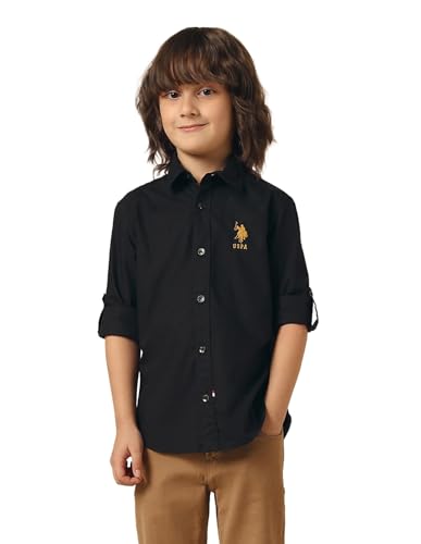 Image of U.S. Polo ASSN. Solid Cotton Shirt for Boys - Spread Collar, Long Sleeves, Regular Fit Shirt for Kids