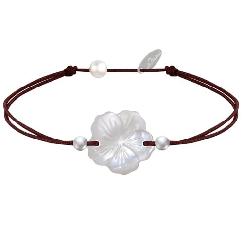 LES POULETTES BIJOUX - Bracelet Lien Fleur de Nacre Ivoire et Perles d'Argent 925 - Classics - Marron foncé