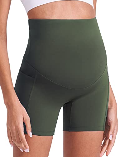 Enerful Women's Maternity Yoga Shorts Over The Belly Comfy Workout Running Active Biker Pregnancy Pants With Pockets 5" Dark Green Small #TOP3