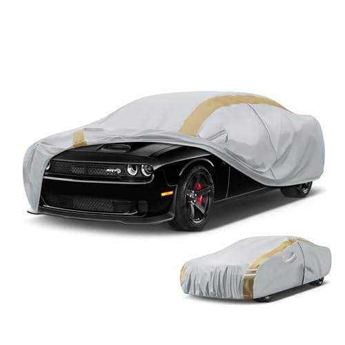 Image of Car Cover Custom Fit for Dodge Challenger 2008-2025 | Heavy Duty Waterproof Full Car Protection Cover with Zipper Door, Reflective Strips, All Weather Sun Rain Snow UV Protection
