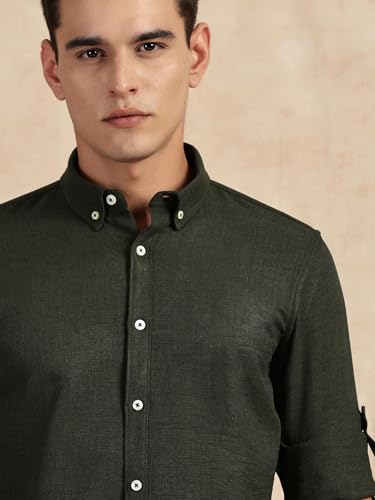 Image of Thomas Scott Men's | Solid | Textured Fabric | Full Sleeve | Slim Fit | Polyester-Blend | Spread Collar | Casual Shirt
