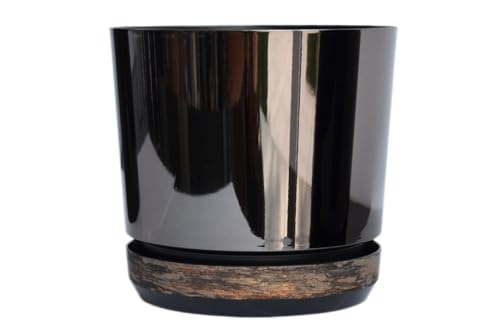 KERD Blumentopf 14 cm Duo Schwarz + Rostige Rinde (DUO/088/032), dekorativ, hochwertig, aus Recycling, mit Drainage, mit Untersetzer, handbeklebt, Spiegeleffekt, Hochglanz, modern, glamourös