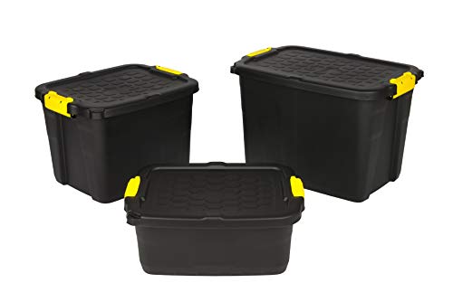 Kreher Aufbewahrungsboxen mit Deckel, TOUGH-Serie, bruchsichere Transportbox aus Kunstststoffbox, Stapelboxen, Ordnungsboxen, Kiste in Schwarz, verschiedene Größen (42 Liter)