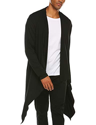 COOFANDY Men's Ruffle Shawl Collar Cardigan Sleeveless Open Front Vest Lightweight Cotton Long Length Drape Cape (Black(Long Sleeve), X-Large)