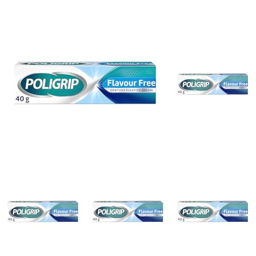 Poligrip Denture Adhesive Fixative Cream, Adhesive Flavour Free for strong all-day hold of dentures, 40g (Pack of 5)