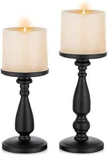 Sziqiqi Large Pillar Candle Holders Set of 2 Vintage Metal Candleholder Retro Matte Black Candle Stick Holders Centrepiece for Pillar Living Room Coffee Dining Tables Mantle Fireplace Decor