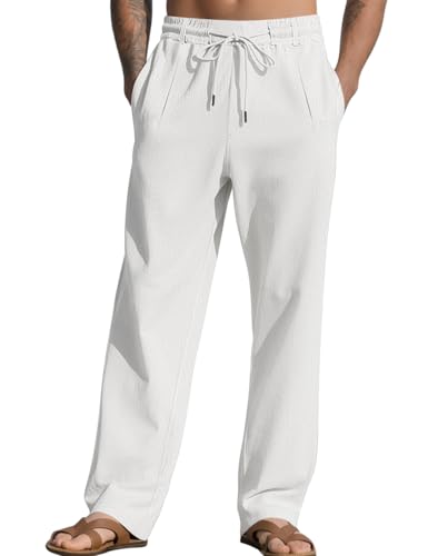 Men's Casual Linen Pants Elastic Waist Drawstring Summer Beach Lightweight Trouser with Pockets