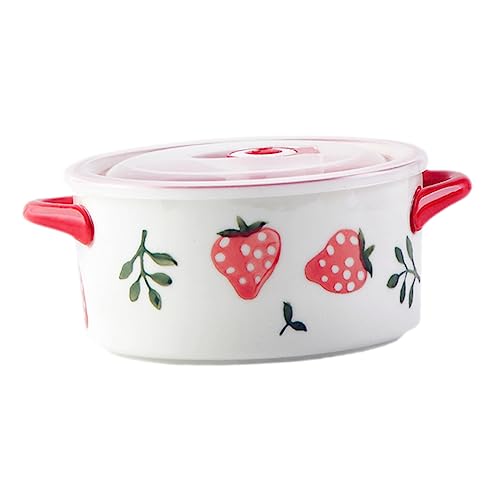 HEALEEP Ciotola Per Zuppa Con Manici in Porcellana, Resistente Microonde Con Coperchio Per Conservazione Cibo, Ciotola Da Cucina Decorativa Con Motivo Fragola Per Uso Quotidiano