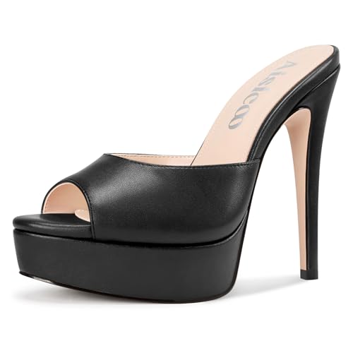 Aisicoo Womens Stiletto High Platform Heel Peep Open Toe Sandals Mules Shoes Slip-on Prom Party Dress Summer 5.3 Inches Heels Black 9.5 M US