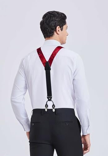 Image of HISDERN Suspenders for Men Paisley Floral Bow tie Suspender Pocket Square Sets Adjustable Y Shape 6 Clips Wedding Braces