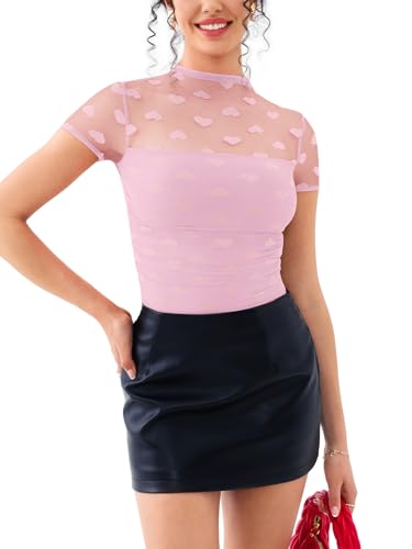 REORIA Women’s Summer Sexy Mock Turtle Neck Short Sleeve Slimming Shirts Sheer Mesh Ruched Fashion Night Out Thong Body Suits Tops Pink Heart X-Large — view 2