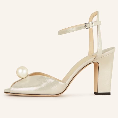 Image of Goolita Pearl Heels For Women Mid Block Ankle Strap Heeled Sandals Round Open Toe Party Evening Bridal Shoes For Wedding