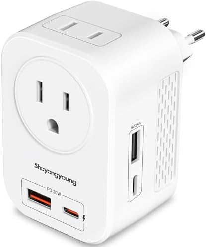 Shayangyoung 220 to 110 Voltage Converter US to Europe, Power Converter for Europe,Converter for European Travel with 20W PD,2 Type-C Port 2 USB-A,Power Plug Combo for Germ Italy Spain Greece-White-A