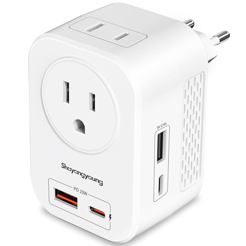 Shayangyoung 220V to 110V Voltage Converter US to Europe International Universal Travel Adapter,20W PD with 2 USB A 2 Type-C Port,Worldwide Power Converter Plug Combo US to Italy Spain Greece White-NX by Shayangyoung - Used condition - US$16.68