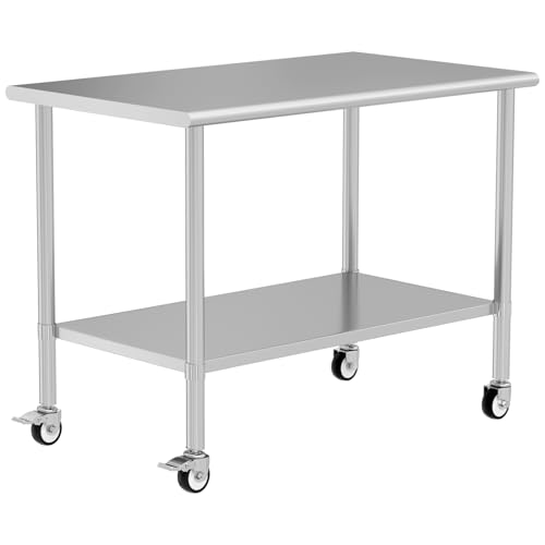 HOCCOT Stainless Steel Table with Wheels for Food Prep & Work 30" x 60" Utility Table with Adjustable Undershelf, Commercial Workstation in Kitchen, Garage, Outdoor BBQ