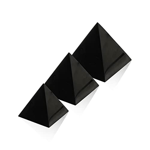 Heka Naturals Shungite Black Stone Pyramid Set of 3 | 2+3+4 Inch – Desk Decor Shungite Stone for Home or Office – Chakra Stones, Healing Crystals, Meditation Pyramid