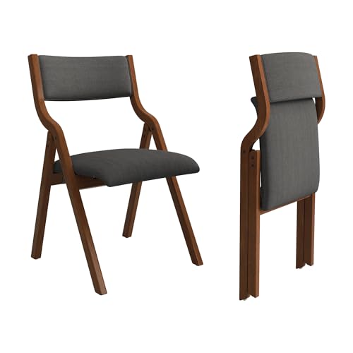 Ball & Cast Upholstered Folding Chairs Set of 2,with Ergonomically Designed Back and Solid Wood Frame,Portable Activity Meeting Chair, for Dining Room,Outdoor Events,No Assembly Required,Grey+Walnut