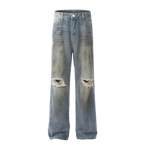 Jeans Pants Trouser Denim Trendy Street Hole Washed Blue Grinding Fading Dirty Spray Printed Casual Straight Leg for Men(Blue,XXL)2