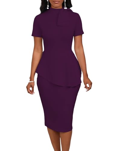 Image of WanMem Women Formal Bodycon Peplum Cocktail Dress Short Sleeve Bow Ruffle Pencil Party Midi Dresses