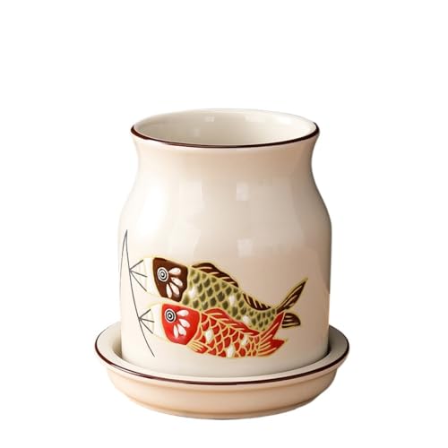 AOPIPI 箸筒、円形、陶器製、受け皿付き、洗浄が簡単、食器洗い機対応、多機能、クリエイティブデザイン、カトラリー収納筒、収納筒、キッチン収納、キッチン用品、和風スタイル、家庭用、キッチン向け (14*14*14.5cm,E)