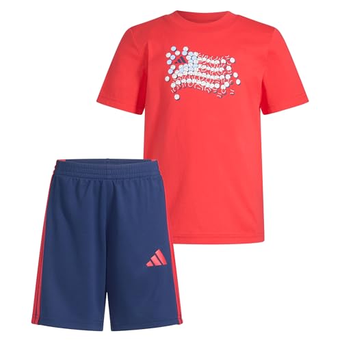 Image of adidas Kids Boys Graphic Cotton Tee 3-Stripes Short Set Casual Bottoms Casual - Red