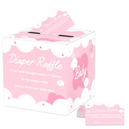 Image of Diaper Raffle Tickets with Card Box, 50 Pink Raffle Tickets and Box for Baby Shower Game, Gender Reveal, Oh Baby Theme Party Decorations