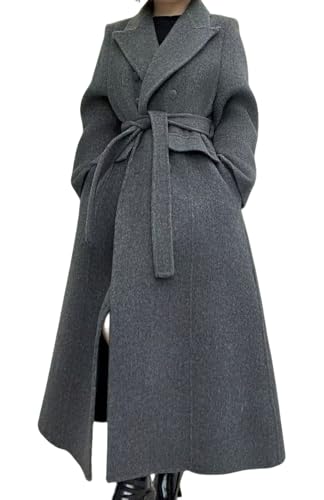 Image of CHARTOU Women Long Winter Wool Pea Coat Lapel Double Breasted Trench Over Coat with Belt (Medium,Grey)