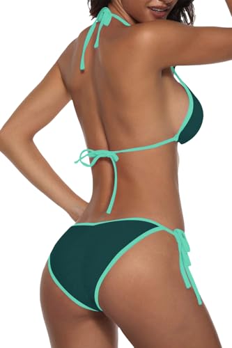 Image of Suvimuga Women Two Piece Swimsuit Color Block Swimwear Halter String Triangle Bikini Sets