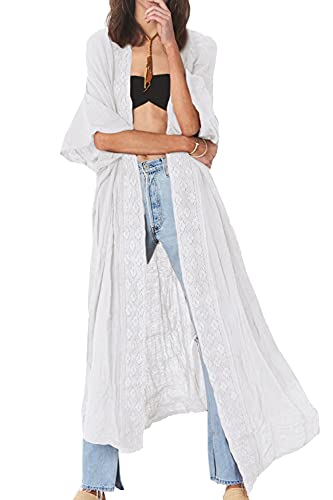 YouKD Wemen's - Kimono largo bohemio maxi caftán vestidos de talla grande, ropa de descanso, bikini, batas de playa, A blanco., talla única